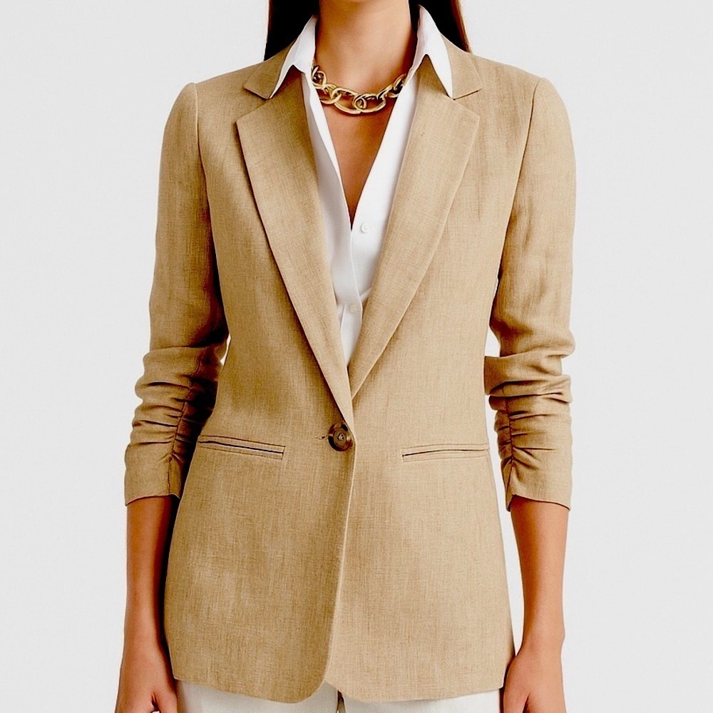 🆕 MICHAEL KORS Linen Blazer Casual Business Ruched Sleeve Jacket Lined Beige 2